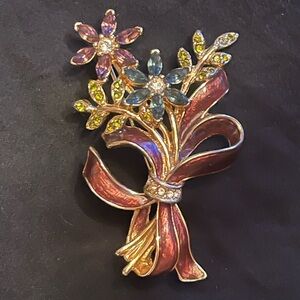Vintage Monet Gold Brooch with Pink and Blue Floral Bouquet Enamel Design